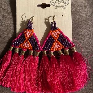 Beaded and fringe hanging earrings